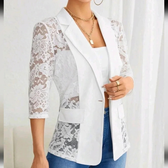 Contrast Lace Flap Detail Single Button Blazer - Picture 3 of 5